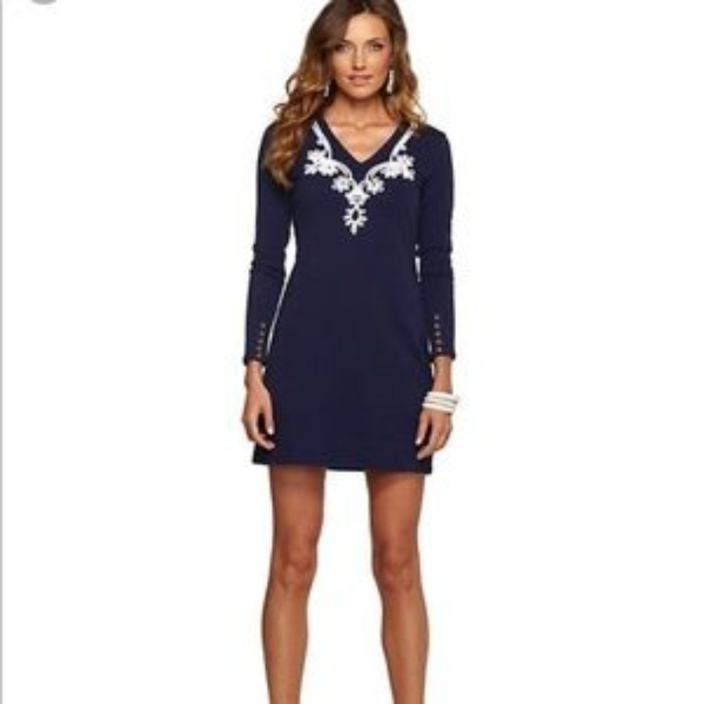Lilly Pulitzer Dalton Navy and White Long Sleeve Dress, Size XS